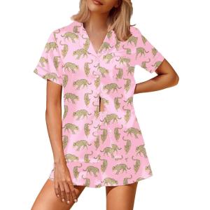 imageEkouaer Silk Satin Pajamas 2 Piece Pajamas for Women Set Button Down PJ Short Sleeve and Shorts Pjs Lounge Sets2pink With Cheetah
