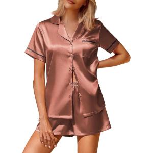 imageEkouaer Silk Satin Pajamas 2 Piece Pajamas for Women Set Button Down PJ Short Sleeve and Shorts Pjs Lounge SetsCaramel