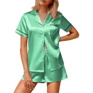 imageEkouaer Silk Satin Pajamas 2 Piece Pajamas for Women Set Button Down PJ Short Sleeve and Shorts Pjs Lounge SetsGreen