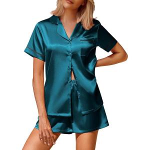 imageEkouaer Silk Satin Pajamas 2 Piece Pajamas for Women Set Button Down PJ Short Sleeve and Shorts Pjs Lounge SetsLake Blue