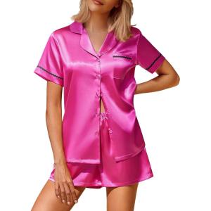 imageEkouaer Silk Satin Pajamas 2 Piece Pajamas for Women Set Button Down PJ Short Sleeve and Shorts Pjs Lounge SetsRose Red