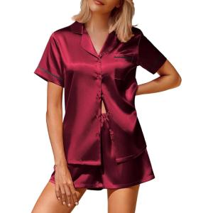 imageEkouaer Silk Satin Pajamas 2 Piece Pajamas for Women Set Button Down PJ Short Sleeve and Shorts Pjs Lounge SetsWine Red