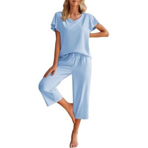 imageEkouaer Womens Cotton Pajamas Sets Short Sleeve Tops and Capri Pants Sleepwear Loungewear with PocketsBaby Blue