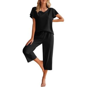 imageEkouaer Womens Cotton Pajamas Sets Short Sleeve Tops and Capri Pants Sleepwear Loungewear with PocketsBlack