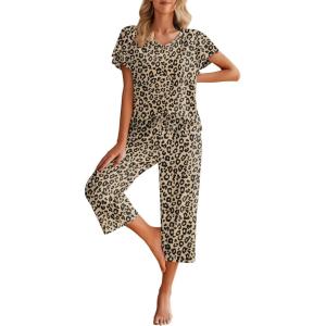 imageEkouaer Womens Cotton Pajamas Sets Short Sleeve Tops and Capri Pants Sleepwear Loungewear with PocketsBrown Leopard