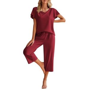 imageEkouaer Womens Cotton Pajamas Sets Short Sleeve Tops and Capri Pants Sleepwear Loungewear with PocketsBurgundy