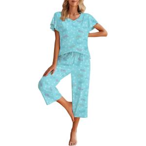 imageEkouaer Womens Cotton Pajamas Sets Short Sleeve Tops and Capri Pants Sleepwear Loungewear with PocketsButterfly