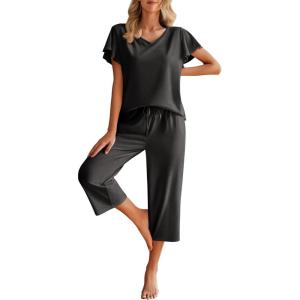 imageEkouaer Womens Cotton Pajamas Sets Short Sleeve Tops and Capri Pants Sleepwear Loungewear with PocketsDark Gray
