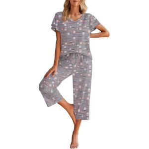 imageEkouaer Womens Cotton Pajamas Sets Short Sleeve Tops and Capri Pants Sleepwear Loungewear with PocketsGray Coffee Cup