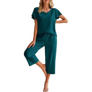 imageEkouaer Womens Cotton Pajamas Sets Short Sleeve Tops and Capri Pants Sleepwear Loungewear with PocketsMarine Blue