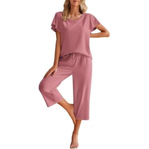 imageEkouaer Womens Cotton Pajamas Sets Short Sleeve Tops and Capri Pants Sleepwear Loungewear with PocketsPale Violet Red