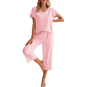 imageEkouaer Womens Cotton Pajamas Sets Short Sleeve Tops and Capri Pants Sleepwear Loungewear with PocketsPink