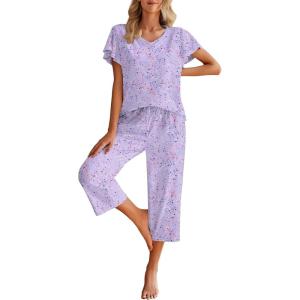 imageEkouaer Womens Cotton Pajamas Sets Short Sleeve Tops and Capri Pants Sleepwear Loungewear with PocketsPurple Love Star