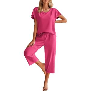 imageEkouaer Womens Cotton Pajamas Sets Short Sleeve Tops and Capri Pants Sleepwear Loungewear with PocketsRose