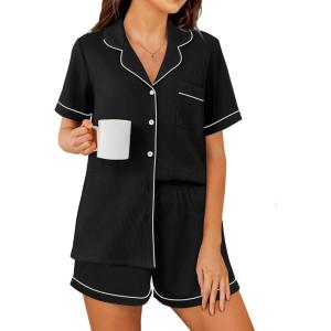 imageEkouaer Womens Waffle Knit Pajama Sets Short Sleeve Button Down Sleepwear Cozy Loungewear 2 Piece Pjs Shorts SetBlack