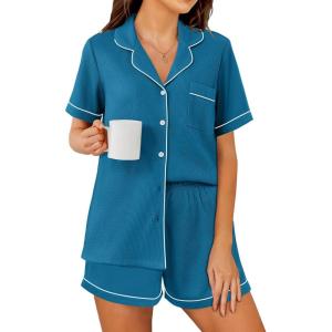 imageEkouaer Womens Waffle Knit Pajama Sets Short Sleeve Button Down Sleepwear Cozy Loungewear 2 Piece Pjs Shorts SetDark Blue