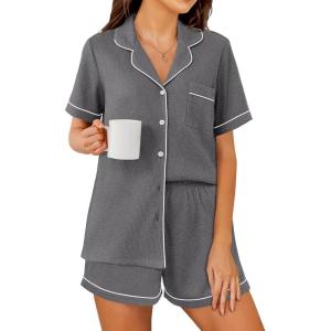 imageEkouaer Womens Waffle Knit Pajama Sets Short Sleeve Button Down Sleepwear Cozy Loungewear 2 Piece Pjs Shorts SetDark Gray