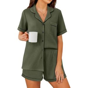 imageEkouaer Womens Waffle Knit Pajama Sets Short Sleeve Button Down Sleepwear Cozy Loungewear 2 Piece Pjs Shorts SetDark Olive Green