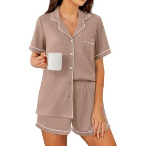 imageEkouaer Womens Waffle Knit Pajama Sets Short Sleeve Button Down Sleepwear Cozy Loungewear 2 Piece Pjs Shorts SetKhaki