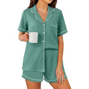 imageEkouaer Womens Waffle Knit Pajama Sets Short Sleeve Button Down Sleepwear Cozy Loungewear 2 Piece Pjs Shorts SetMedium Sea Green