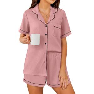 imageEkouaer Womens Waffle Knit Pajama Sets Short Sleeve Button Down Sleepwear Cozy Loungewear 2 Piece Pjs Shorts SetOld Rose