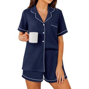 imageEkouaer Womens Waffle Knit Pajama Sets Short Sleeve Button Down Sleepwear Cozy Loungewear 2 Piece Pjs Shorts SetPrussian Blue