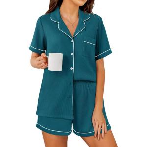 imageEkouaer Womens Waffle Knit Pajama Sets Short Sleeve Button Down Sleepwear Cozy Loungewear 2 Piece Pjs Shorts SetStrong Blue