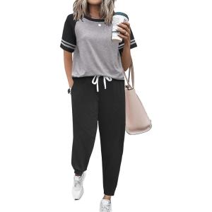 imageEkouaer Lounge Sets for Women Two Piece Pajama Set Short Sleeve Crewneck Jogger Outfits and Sweatpants Tracksuit with PocketsLight Grey