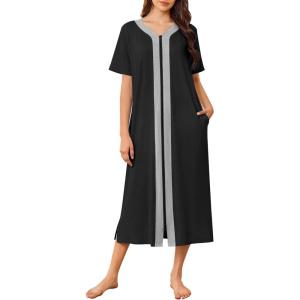 imageEkouaer Women Zipper Robe Lightweight House Coat Zipper Front Long Nightgown Soft Loungewear with Pockets S3XLBlack