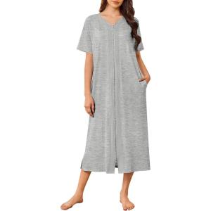 imageEkouaer Women Zipper Robe Lightweight House Coat Zipper Front Long Nightgown Soft Loungewear with Pockets S3XLGray