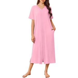 imageEkouaer Women Zipper Robe Lightweight House Coat Zipper Front Long Nightgown Soft Loungewear with Pockets S3XLPink