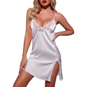 imageEkouaer Nightgown Satin Lingerie Sleeveless Sleep Dress Babydoll Nightie Slip ChemiseA White