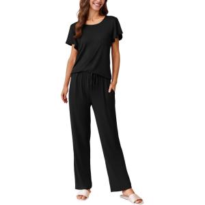 imageEkouaer 2 Pack Womens Pajama Sets Short Sleeve with Long Pajama Pant Set Soft Sleepwear Printed Pj Lounge Sets with Pockets1 Packblack