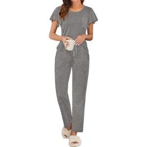 imageEkouaer 2 Pack Womens Pajama Sets Short Sleeve with Long Pajama Pant Set Soft Sleepwear Printed Pj Lounge Sets with Pockets1 Packdark Gray