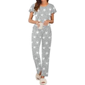 imageEkouaer 2 Pack Womens Pajama Sets Short Sleeve with Long Pajama Pant Set Soft Sleepwear Printed Pj Lounge Sets with Pockets1 Packlight Gray Stars