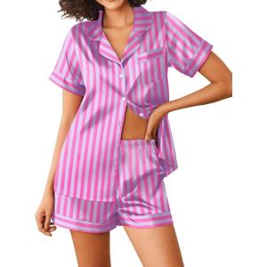 imageEkouaer Womens Silk Satin Pajamas Sets 2 Piece Short Sleeve Sleepwear Button Down Top and Shorts Pjs Lounge Wear Sets SXXLBlue Purple