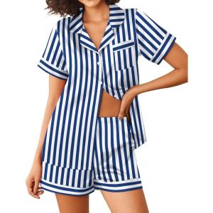 imageEkouaer Womens Silk Satin Pajamas Sets 2 Piece Short Sleeve Sleepwear Button Down Top and Shorts Pjs Lounge Wear Sets SXXLNavy