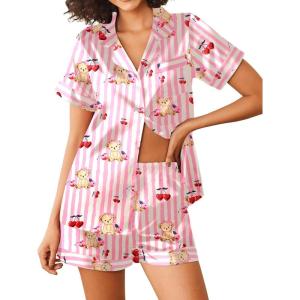 imageEkouaer Womens Silk Satin Pajamas Sets 2 Piece Short Sleeve Sleepwear Button Down Top and Shorts Pjs Lounge Wear Sets SXXLPink Apricot Red