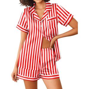 imageEkouaer Womens Silk Satin Pajamas Sets 2 Piece Short Sleeve Sleepwear Button Down Top and Shorts Pjs Lounge Wear Sets SXXLRed