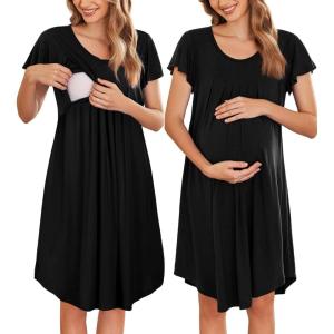 imageEkouaer Nursing Nightown Labor and Delivery Gown for Hospital Pleated Breastfeeding Dress Short Sleeve Maternity SleepwearBlack