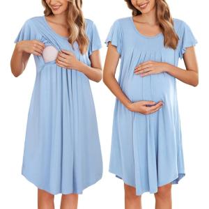 imageEkouaer Nursing Nightown Labor and Delivery Gown for Hospital Pleated Breastfeeding Dress Short Sleeve Maternity SleepwearBlue
