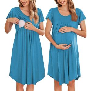 imageEkouaer Nursing Nightown Labor and Delivery Gown for Hospital Pleated Breastfeeding Dress Short Sleeve Maternity SleepwearBlue Green
