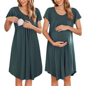 imageEkouaer Nursing Nightown Labor and Delivery Gown for Hospital Pleated Breastfeeding Dress Short Sleeve Maternity SleepwearDark Green