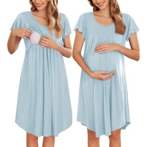 imageEkouaer Nursing Nightown Labor and Delivery Gown for Hospital Pleated Breastfeeding Dress Short Sleeve Maternity SleepwearLight Blue