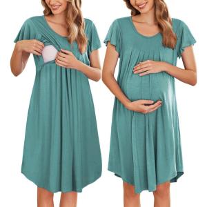 imageEkouaer Nursing Nightown Labor and Delivery Gown for Hospital Pleated Breastfeeding Dress Short Sleeve Maternity SleepwearMint Green