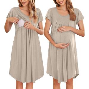 imageEkouaer Nursing Nightown Labor and Delivery Gown for Hospital Pleated Breastfeeding Dress Short Sleeve Maternity SleepwearMoon Gray
