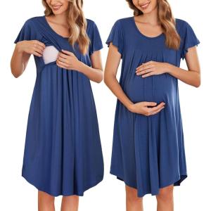 imageEkouaer Nursing Nightown Labor and Delivery Gown for Hospital Pleated Breastfeeding Dress Short Sleeve Maternity SleepwearNavy Blue