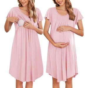 imageEkouaer Nursing Nightown Labor and Delivery Gown for Hospital Pleated Breastfeeding Dress Short Sleeve Maternity SleepwearPink