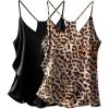 imageEkouaer Womens Satin Cami Tops 2 Pack V Neck Silk Camisole Tank Top Spaghetti Strap Racerback Camis Blouse ShirtLeopard PrintBlack