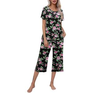 imageEkouaer Womens Pajamas Set Short Sleeve Top With Capri Pants Pjs Lounge ampamp Sleepwear Set SXXLBlackPink Flower